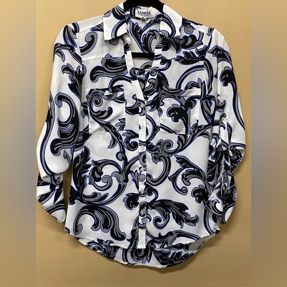 Express Tops - Express The Portofino Shirt Slim Fit White Black Blue Printed Size XS
